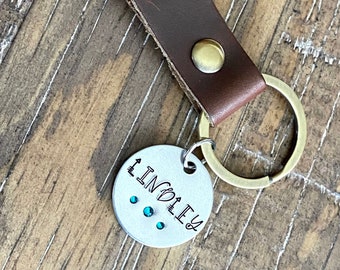 Leather keychain personalized with Name and Swarovski birthstone crystals