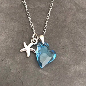 Aquamarine Swarovski crystal heart pendant and starfish necklace
