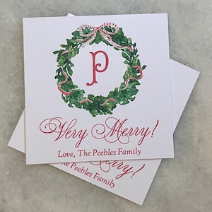 Tarjetas de visita familiares con corona de acuarela muy alegre / Tarjetas adjuntas para festividades / Etiquetas de regalo familiares