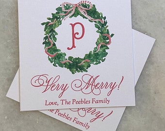 Very Merry Watercolor Wreath Family Calling Cards | Holiday Enclosure Cards | Family Gift Tags