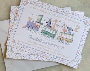 Watercolor Mardi Gras Invitation | Fat Tuesday Kid Birthday | Animal Party Train Kids Birthday Invite
