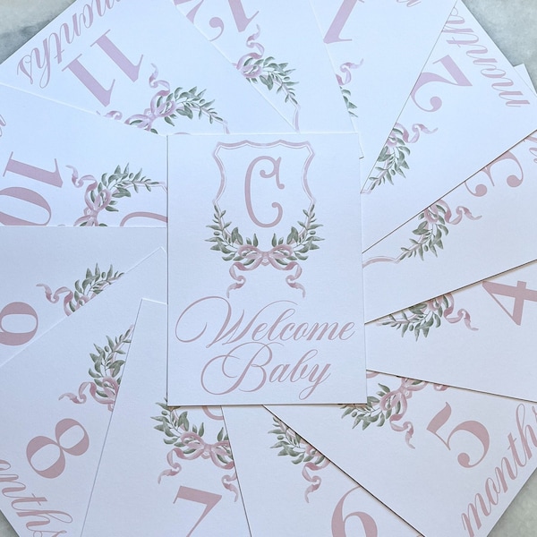 Watercolor Monogram Crest Baby Milestone Cards | Baby Shower Gift | Month Cards | Milestone | Baby Girl | Wreath Monogram Crest | Pink Bow