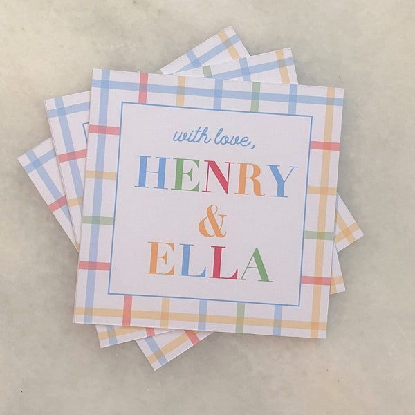 Colorful Bright Plaid Kids Name Calling Cards Gift Tag Boy Girl Sibling Family Gift Enclosure Card