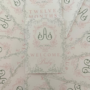 Pink and Green Floral Crest Baby Milestone Cards | Baby Shower Gift | Month Cards | Whimsical Milestone Baby Girl | Custom Monogram Crest