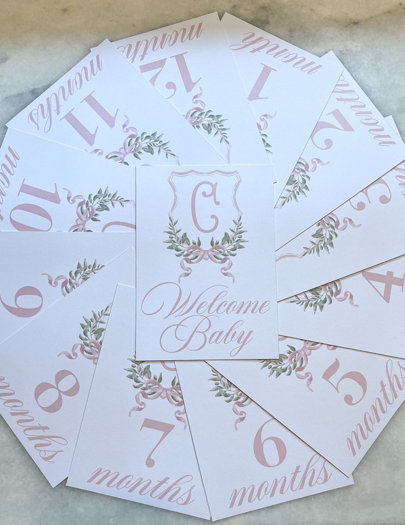 Watercolor Monogram Crest Baby Milestone Cards | Baby Shower Gift ...