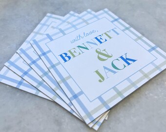 Colorful Bright Blues Greens Plaid Kids Name Calling Cards Gift Tag Boy Girl Sibling Family Gift Enclosure Card