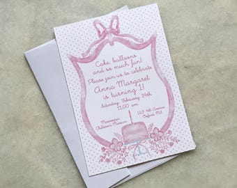 First Birthday Pink Party Invitation | Cake and Ribbon Girly Birthday | Floral Bitty Dot Invite