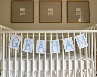 Custom Printed Watercolor Name Banner | Birthday Decor Blue Garland | Baby Boy Shower Gift | Nursery Name Announcement