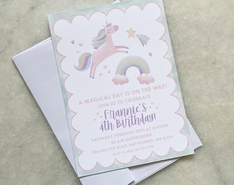 Unicorns and Rainbows Watercolor Birthday Invitation | Scallops and Stars Girl Invite