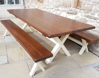 Farmhouse Outdoor / Garden Table with/without Benches, you choose the color, Handmade in Britain