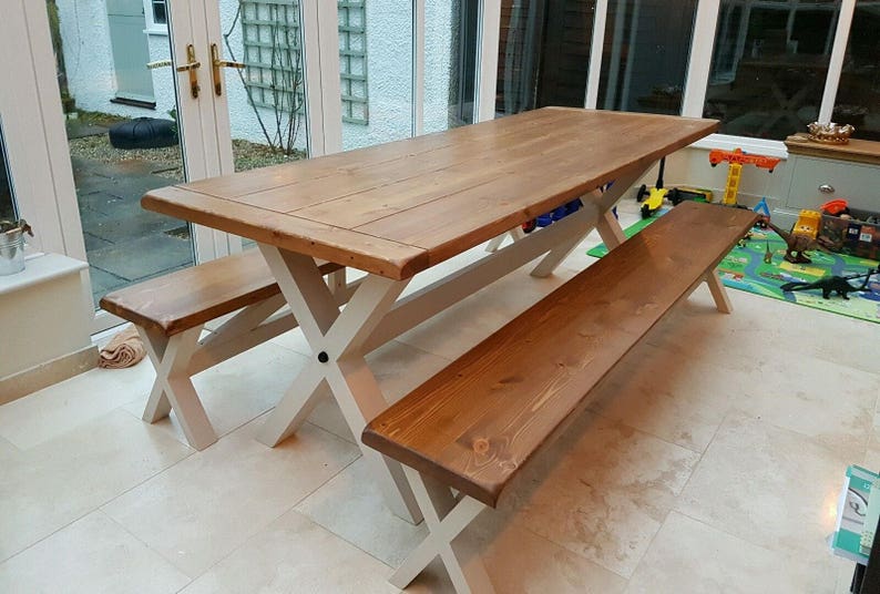 Solid Thick Wood FARMHOUSE TABLE and BENCHES Cross Legs You choose the colour and size Handmade in Britain image 5