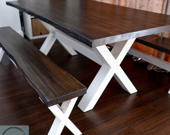 Live Edge Slab Farmhouse TABLE and BENCHES Cross Legs Handmade in Britain