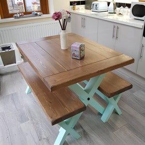 Solid Thick Wood FARMHOUSE TABLE and BENCHES Cross Legs You choose the colour and size Handmade in Britain image 4