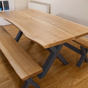 Live Edge Solid Oak Farmhouse Dining Table and Benches with Hardwood Cross Legs Bespoke