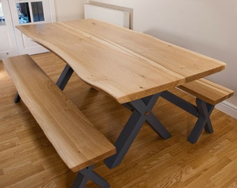 Live Edge Solid Oak Farmhouse Dining Table and Benches with Hardwood Cross Legs Handmade in Britain