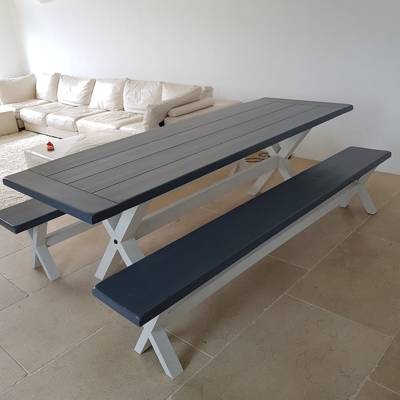 Solid Thick Wood FARMHOUSE TABLE and BENCHES Cross Legs You choose the colour and size Handmade in Britain image 8