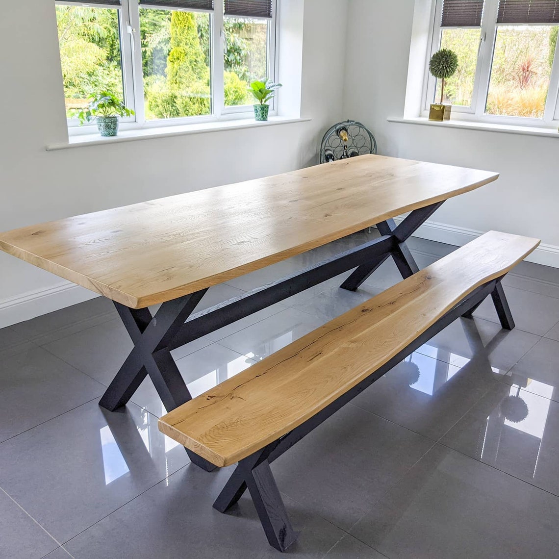 Live Edge Solid Oak Farmhouse Dining Table and Benches With - Etsy UK