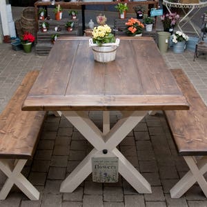 Solid Thick Wood FARMHOUSE TABLE and BENCHES Cross Legs You choose the colour and size Handmade in Britain image 1