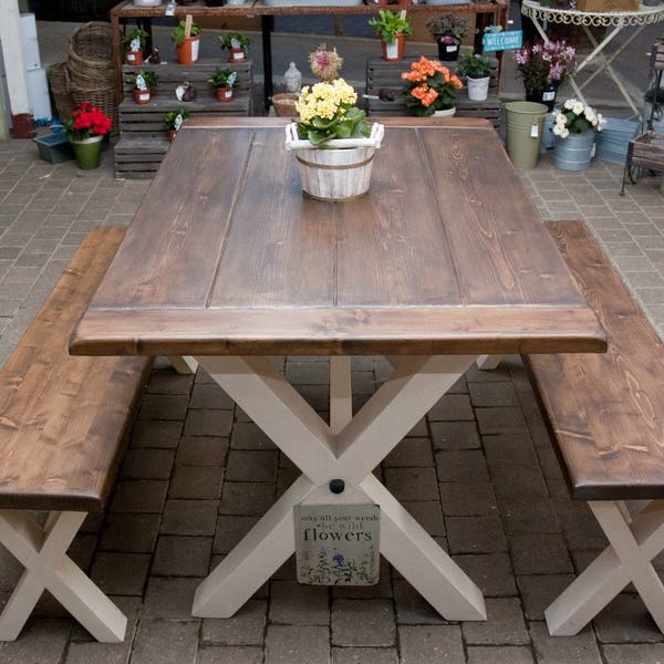 Solid Thick Wood FARMHOUSE TABLE and BENCHES Cross Legs You choose the colour and size Handmade in Britain