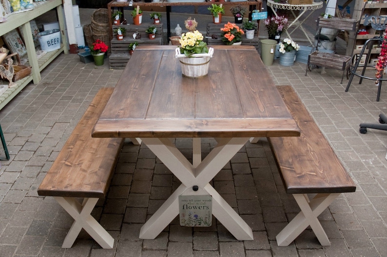 Solid Thick Wood FARMHOUSE TABLE and BENCHES Cross Legs You choose the colour and size Handmade in Britain image 1