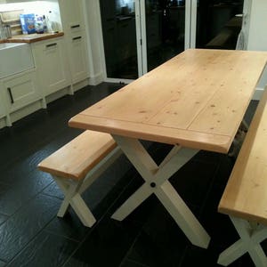 Solid Thick Wood FARMHOUSE TABLE and BENCHES Cross Legs You choose the colour and size Handmade in Britain image 7