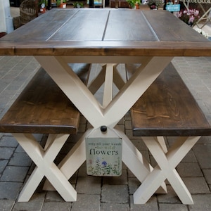 Solid Thick Wood FARMHOUSE TABLE and BENCHES Cross Legs You choose the colour and size Handmade in Britain image 2