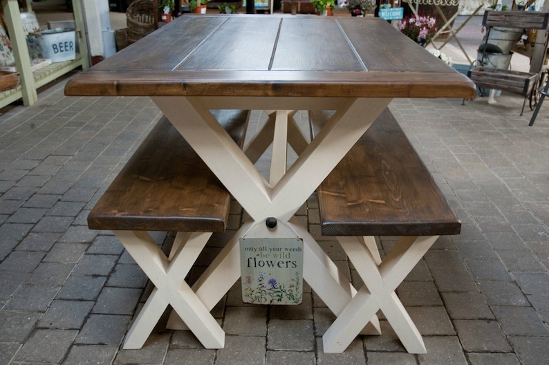 Solid Thick Wood FARMHOUSE TABLE and BENCHES Cross Legs You choose the colour and size Handmade in Britain image 2