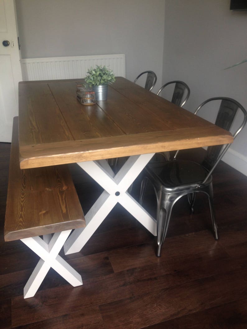 Solid Thick Wood FARMHOUSE TABLE and BENCHES Cross Legs You choose the colour and size Handmade in Britain image 3