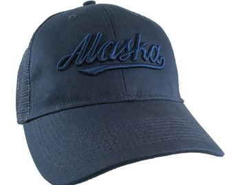 Alaska State 3D Puff Raised Navy Blue Embroidery Design on an Adjustable Structured Classic Navy Blue Trucker Cap