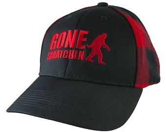 Gone Squatchin Sasquatch Bigfoot Red Embroidery on an All Season Adjustable Black and Buffalo Check Plaid Full Fit Classic Baseball Cap