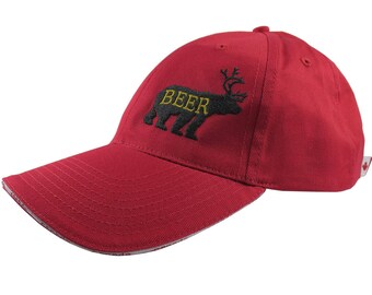 Deer Plus Bear for Beer Humorous Black Embroidery on an Adjustable Canada Themed Red Structured Fashion Baseball Cap