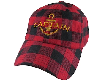 Nautical Star Anchor Captain Embroidery on an Adjustable Buffalo Check Structured Fashion Baseball Cap with Options to Personalize This Hat