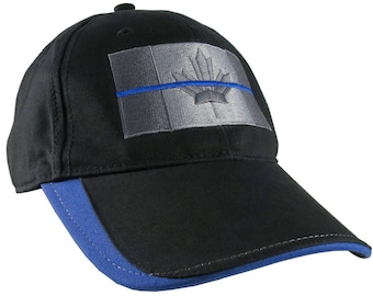 A Canadian Thin Blue Line Back The Blue Silver and Royal Blue Embroidery on an Adjustable Black Structured Adjustable Fashion Baseball Cap