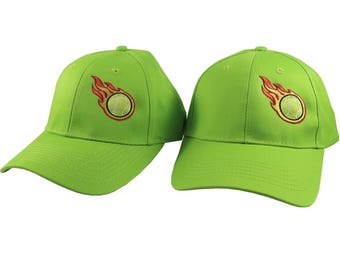 A Pair of Sporty Tennis Fire Bullet Embroidery Designs on 2 Lime Green Adjustable Structured Baseball Caps for Adult + for Child Age 6-12