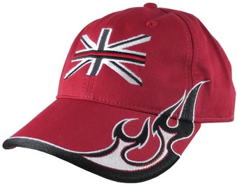 Black UK Flag Thin Red Line Firefighter Embroidery on an Adjustable Red Structured Racing Flames Baseball Cap with Options to Personalize