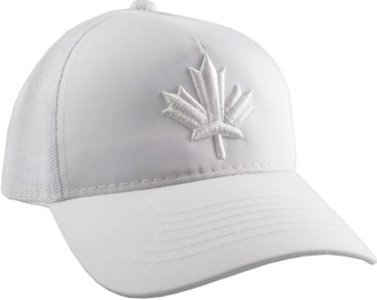 Canadian Maple Leaf 3D Puff White Embroidery on an Adjustable White Structured Trucker Style Snap-back Ponytail Baseball Cap