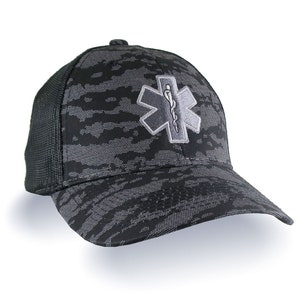 Paramedic EMT EMS Star of Life Embroidery on an Adjustable Black Charcoal Urban Camo and Black Structured Premium Trucker Cap