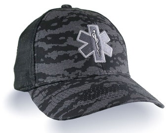 Paramedic EMT EMS Star of Life Embroidery on an Adjustable Black Charcoal Urban Camo and Black Structured Premium Trucker Cap