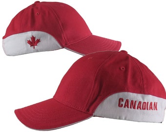 A Canadian Canada Red Maple Leaf Embroidery on an Adjustable White with Red Trimmed Structured Adjustable Baseball Cap with Option