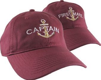 Nautical Star Golden Anchor Captain and First Mate Embroidery 2 Adjustable Burgundy Unstructured Baseball Caps Options Personalize Both Hats