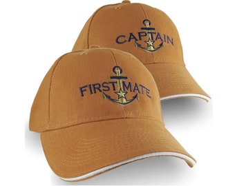 Personalized Captain and First Mate Star Anchor Embroidery Duo Adjustable Burnt Orange Soft Structured Baseball Caps Options to Personalize