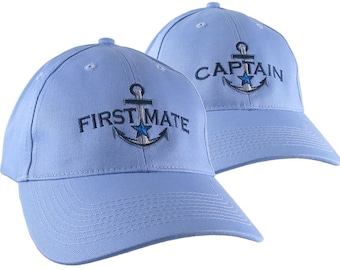 Nautical Blue Star Anchor Captain and First Mate Embroidery 2 Adjustable Sky Blue Structured Baseball Caps and Options Personalize Both Hats