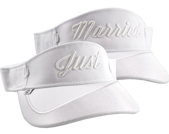 Just Married 3D Puff Raised Embroidery on a Pair of Adjustable Stylish Fashion White Wedding Visors Summer Hats