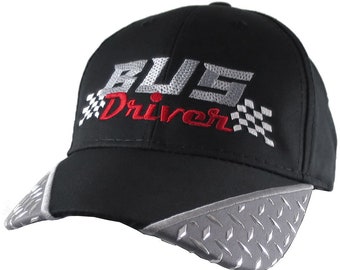 Bus Driver Racing Style Embroidery Design Adjustable Black and Silver Diamond Plate Structured Cap with Options to Personalize this Hat