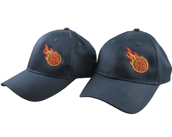 A Pair of Sporty Basketball Fire Bullet Embroidery Designs on 2 Navy Blue Adjustable Structured Baseball Caps for Adult + for Child Age 6-12