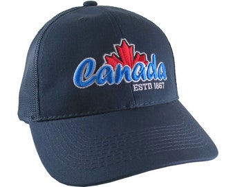 Canada 3D Puff Raised Embroidery ESTD 1867 on an Adjustable Navy Blue Full Fit Classic Trucker Cap Happy Canada Day + Option to Personalize