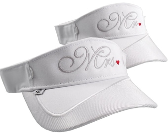 Mr. and Mrs. Embroidery Newlyweds Couple on a pair of White Visors Duo Adjustable Elegant Fashion Sun Hats