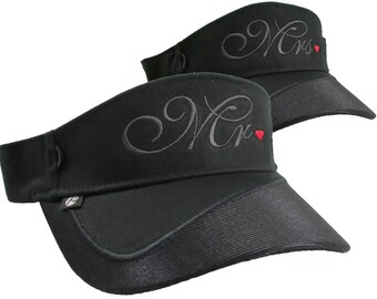 Mr. and Mrs. Embroidery Newlyweds Couple on a pair of Black Visors Duo Adjustable Elegant Fashion Sun Hats