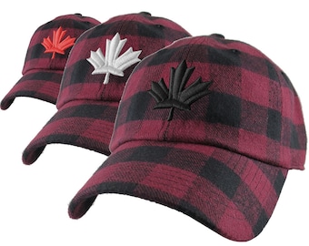 3D Puff Canadian Maple Leaf Embroidery on a Burgundy Red Buffalo Check Plaid Pattern Soft Structured Fashion Baseball Cap Dad Hat Style