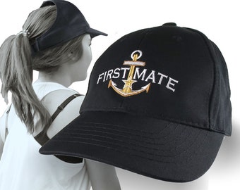 First Mate Nautical Boating Blue Star Anchor Embroidery on an Adjustable Black Structured Ponytail Hairdo Women Open Fashion Baseball Cap